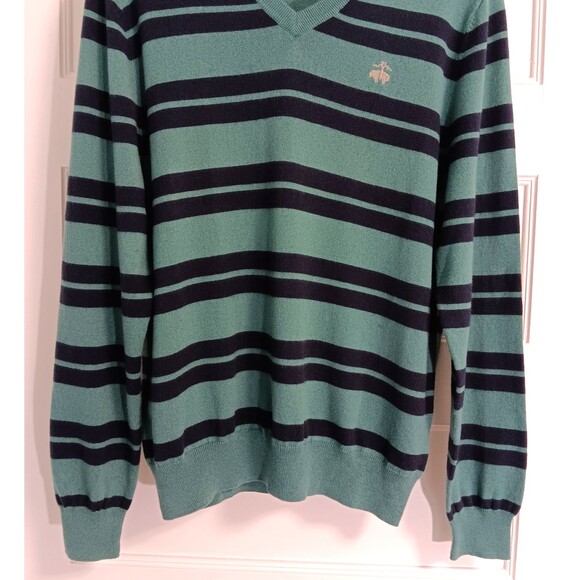 Brooks Brothers 346 Sweater Men M Green Striped Cotton Cashmere V-neck Rugby Dad - Picture 3 of 8
